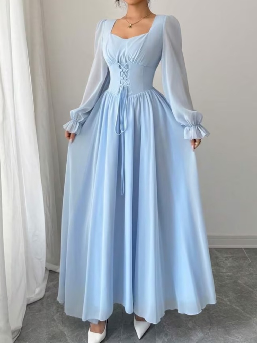 Elegant Light Blue Long Sleeve Maxi Dress
